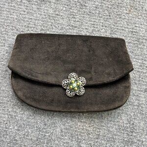 Vintage Jeannie Bouchever‎ Velvet Evening Clutch Brown Floral Brooch To close